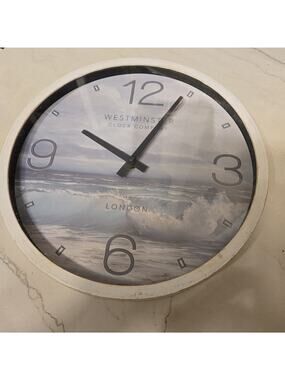 Westminster 12 Inch Wall Clock Quartz Sea Scape Large Numbers Blue Wood Tested